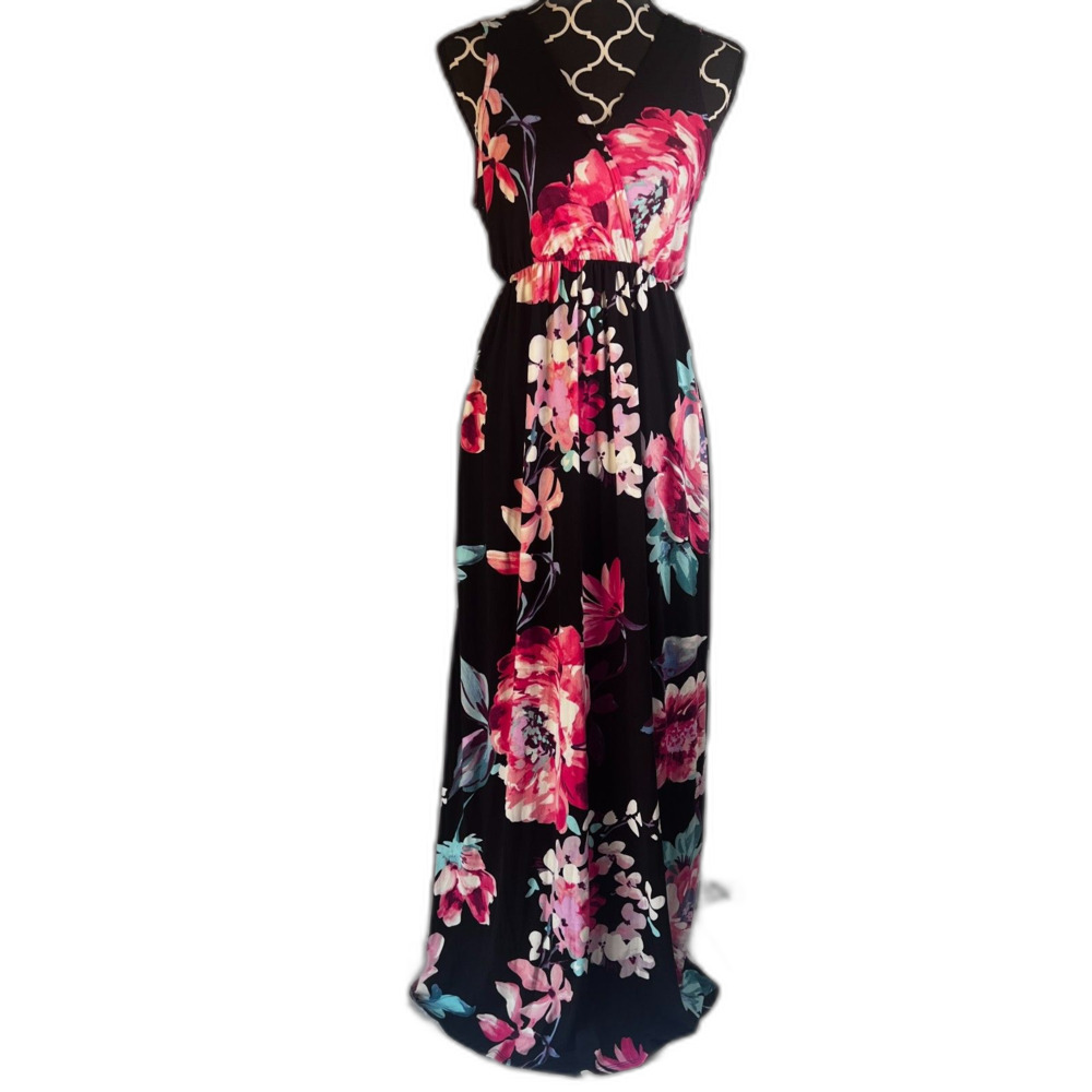 Floral‎ Maxi Dress PS Kate Sleeveless Black Bold Floral Print Stretchy Size S/M*
